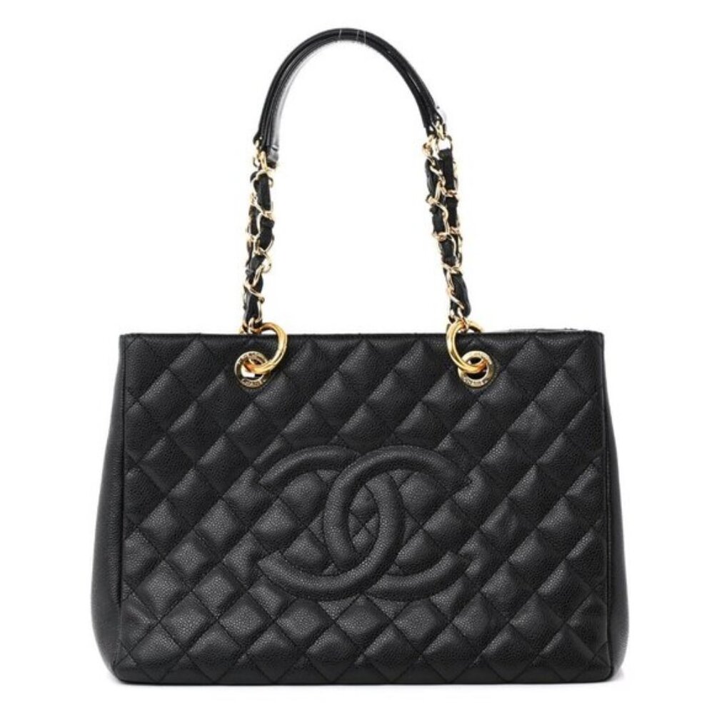 Authentic Chanel GST Caviar Grand Shopping Tote Quilted Shoulder Bag Black Chain - Picture 2 of 16
